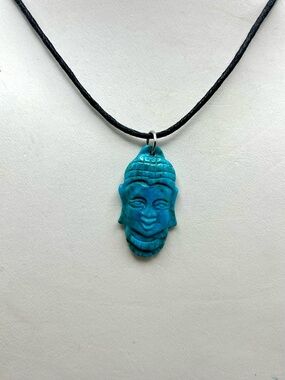 Turquoise Blue Carved Buddha Face Pendant Necklace - Women Jewelry